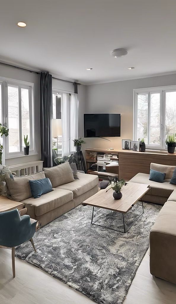 Salon chaleureux aux couleurs neutres, avec canapé d'angle, tapis et télévision. Fenêtres avec rideaux clairs et foncés.