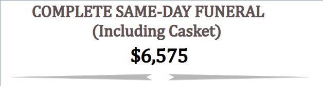 Image illustrating the Complete Same Day Service Package, featuring transportation of your loved one into our care, embalming and preparation for open casket viewing, basic services of a funeral director, a one-hour visitation prior to the funeral service, the funeral service itself, graveside service, hearse transportation, a 20-gauge casket with color options, and memorial items including a guest register, 100 memorial folders, and a memorial slideshow.