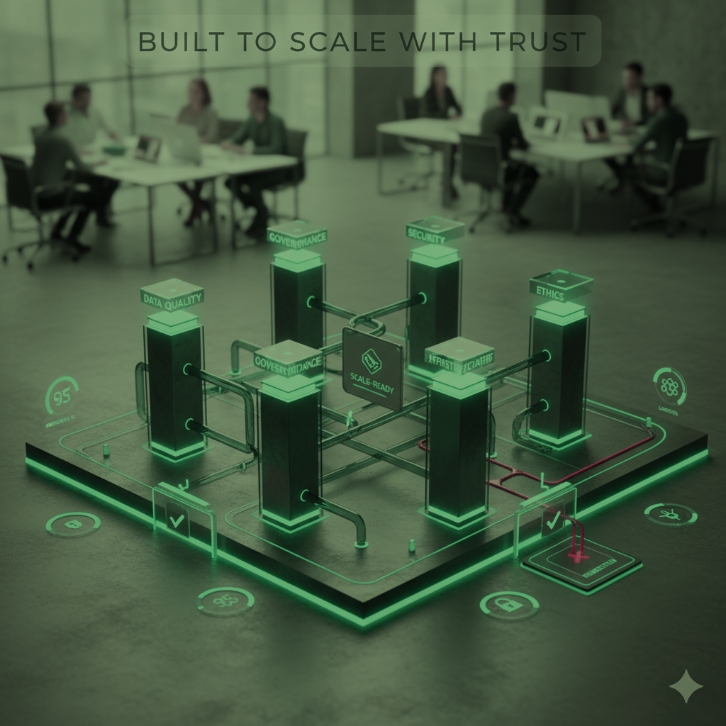 A group of men are working on a cube that says data quality governance and infrastructure.