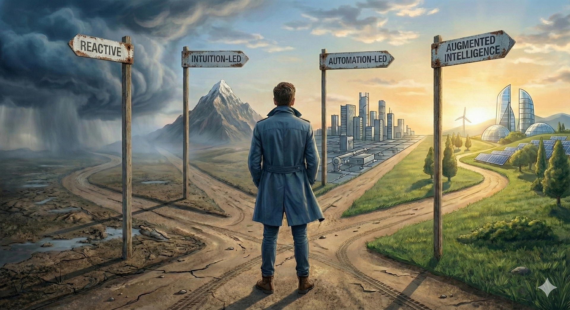 Man standing at a crossroads. Signs point to 