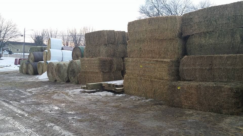 Stacks of hay bales in a snowy farm yard beside a muddy road