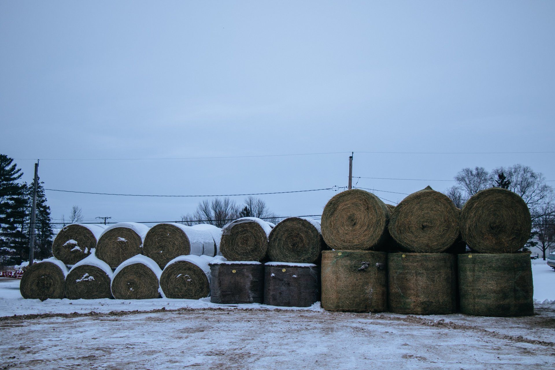 Snow-covered hay bales stacked in a field under a gray winter sky