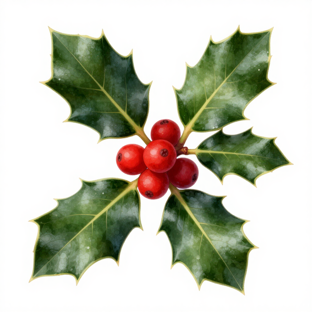 Holly leaves with red berries on a white background