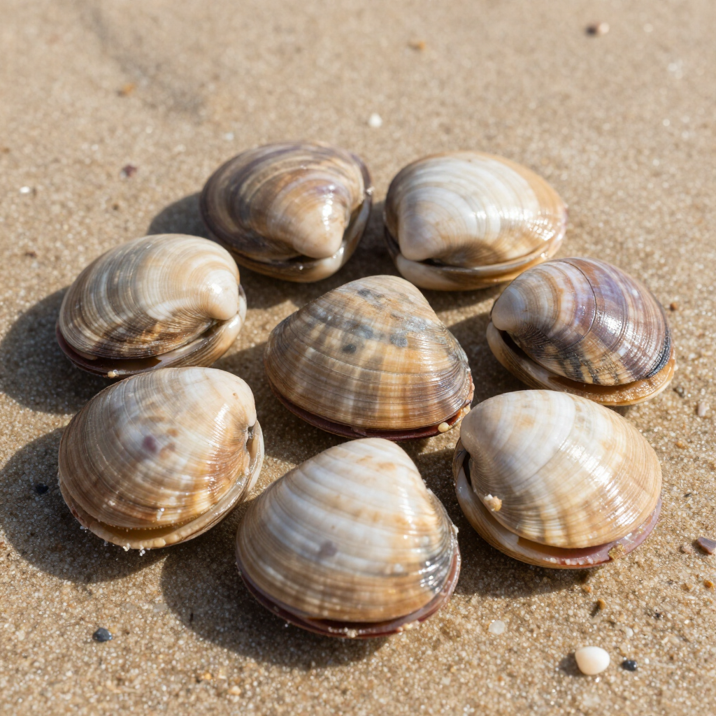 Several clams clustered on wet sand at the beach.