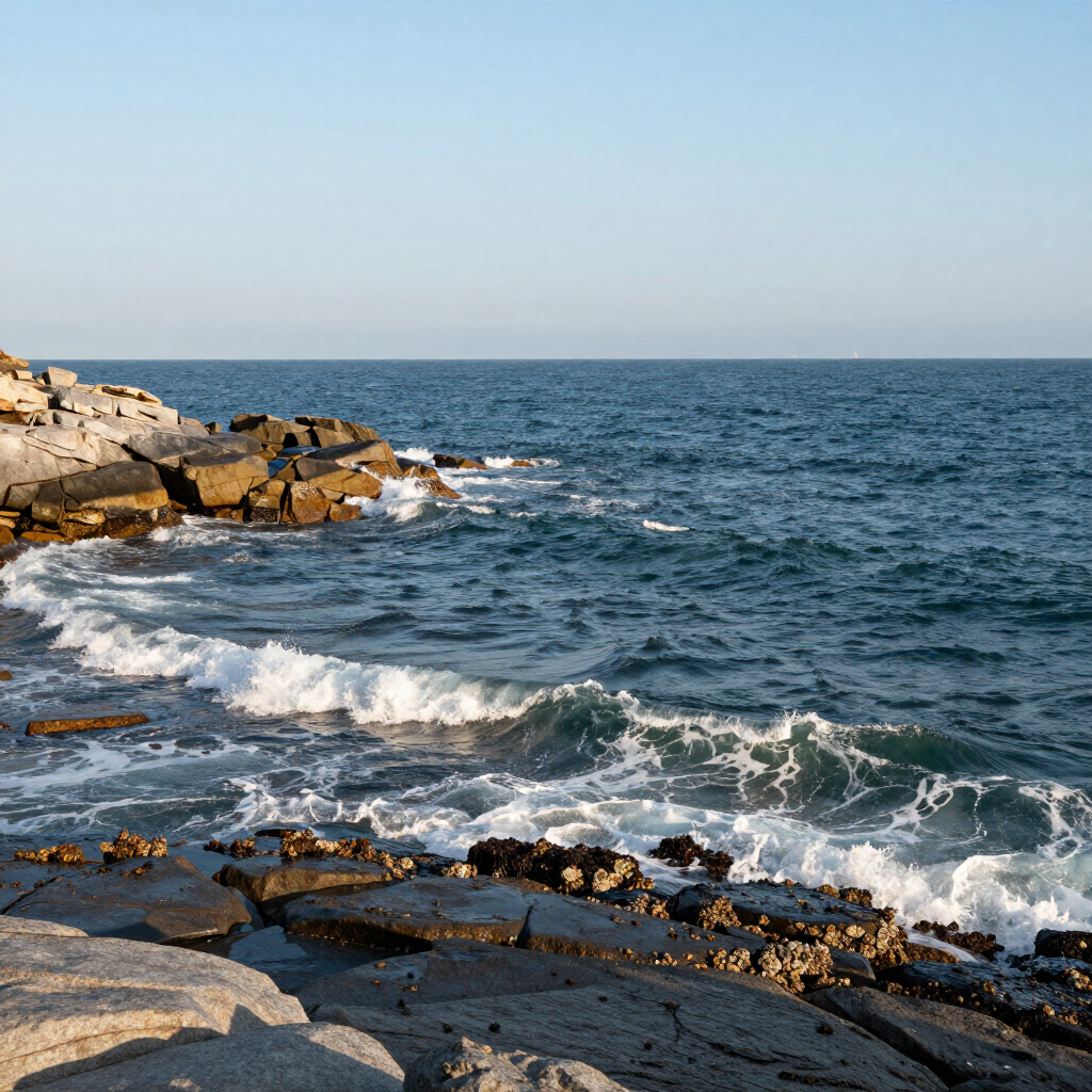 Rocky shoreline with small waves under a clear blue sky