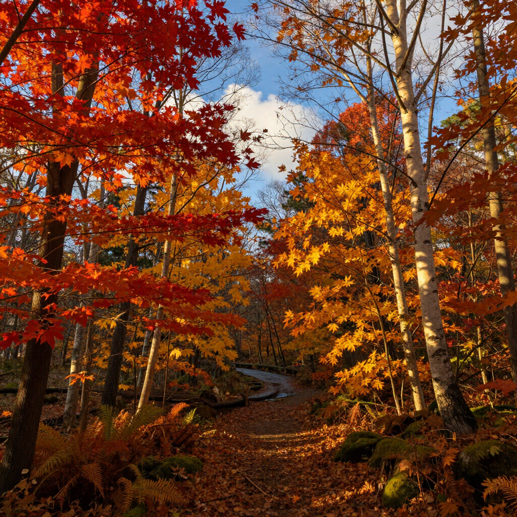 Autumn forest trail lined with red and orange leaves beneath a blue sky