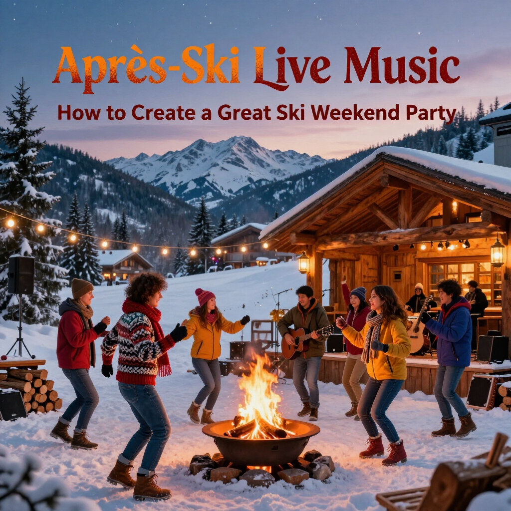 Apres-ski live music poster showing dancers around a fire outside a ski lodge with snowy mountains.