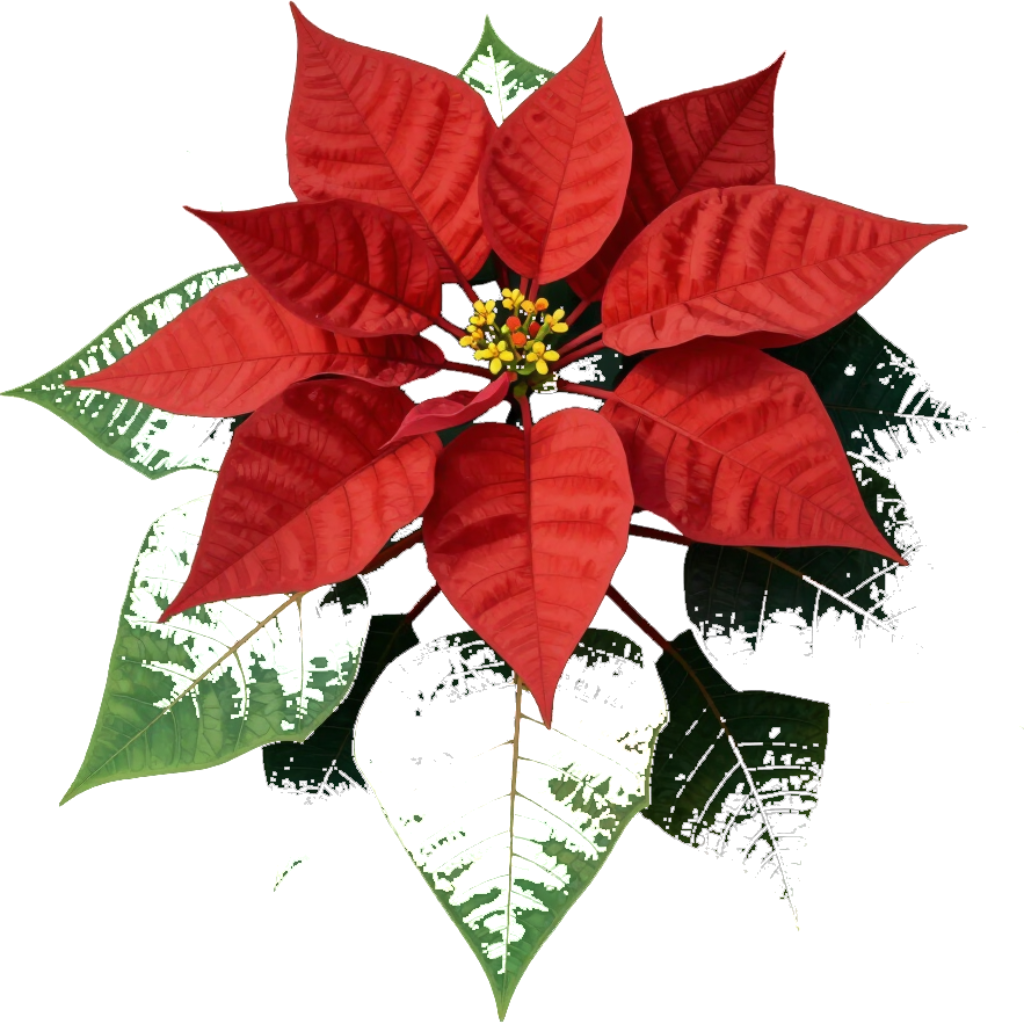 Red poinsettia flower with green and white leaves on a white background