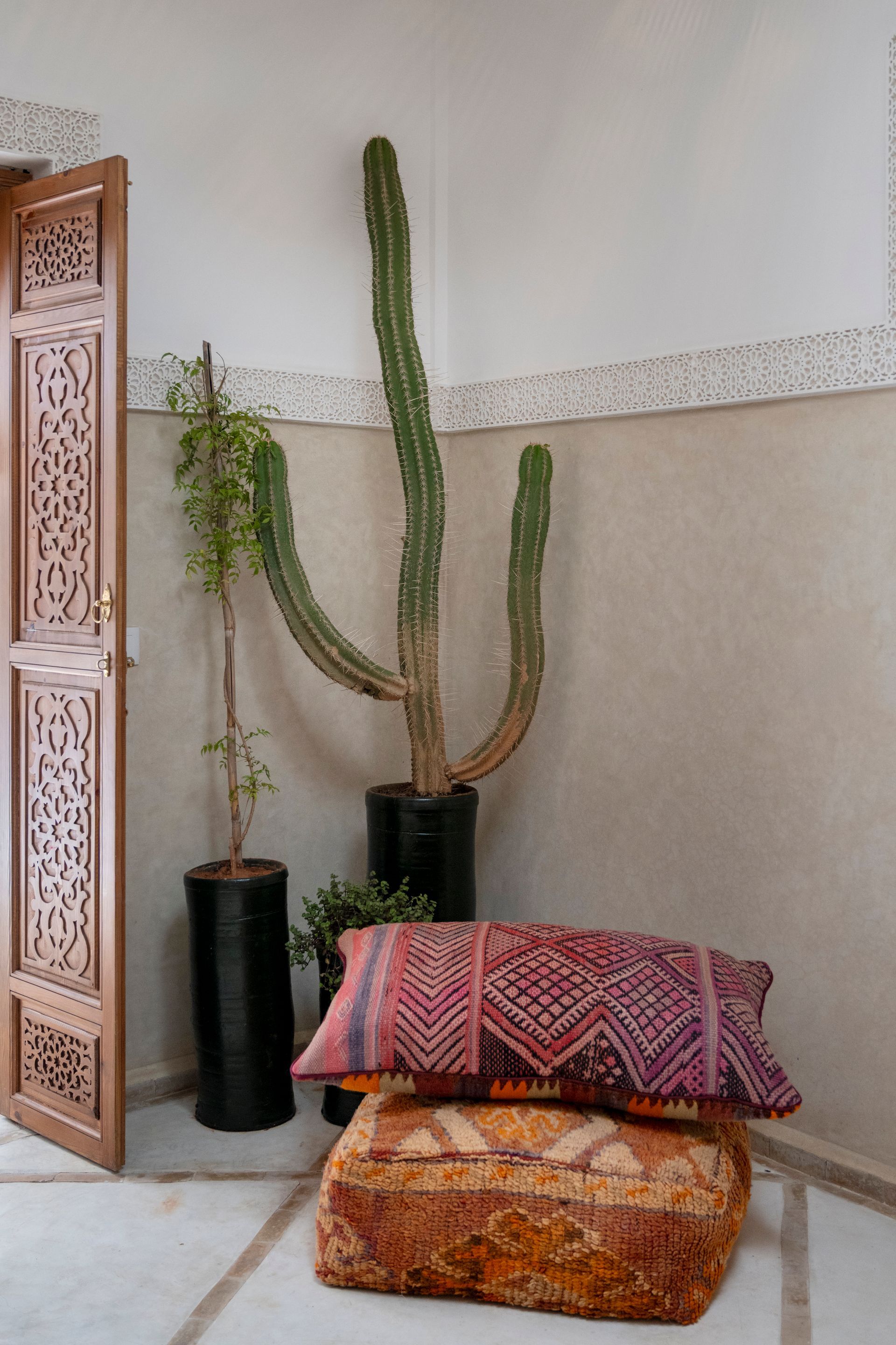 Potted cactus by an ornate doorway, with patterned cushions on the floor in a corner of a tiled room
