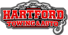 Hartford Towing & Auto logo with bold red text on a chain graphic