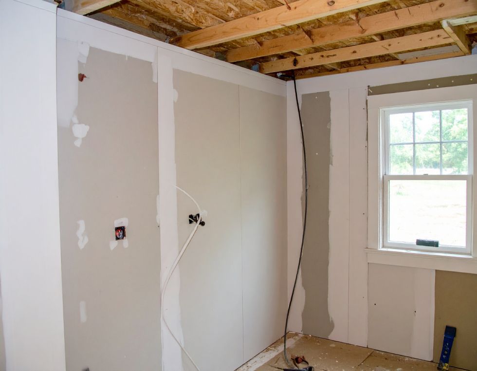Interior construction: Partially drywalled room with exposed ceiling beams and a window.