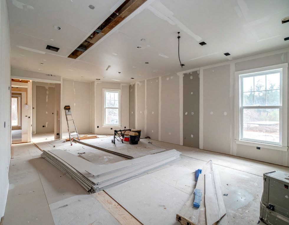 Interior room under construction with drywall installed; tools and materials scattered.