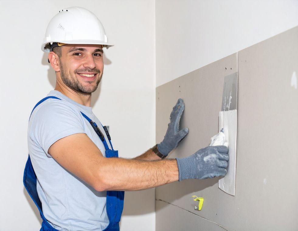 Construction worker applying spackle to wall, wearing hard hat, gloves, and overalls. Smiling.