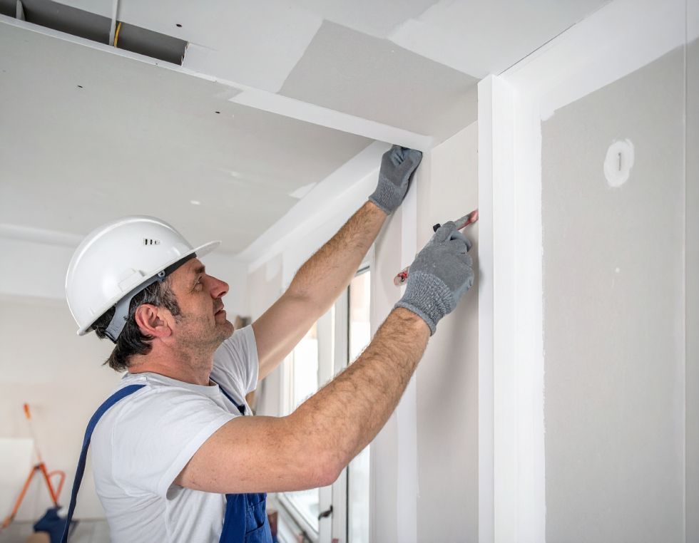 Construction worker in hard hat and gloves measuring drywall trim.