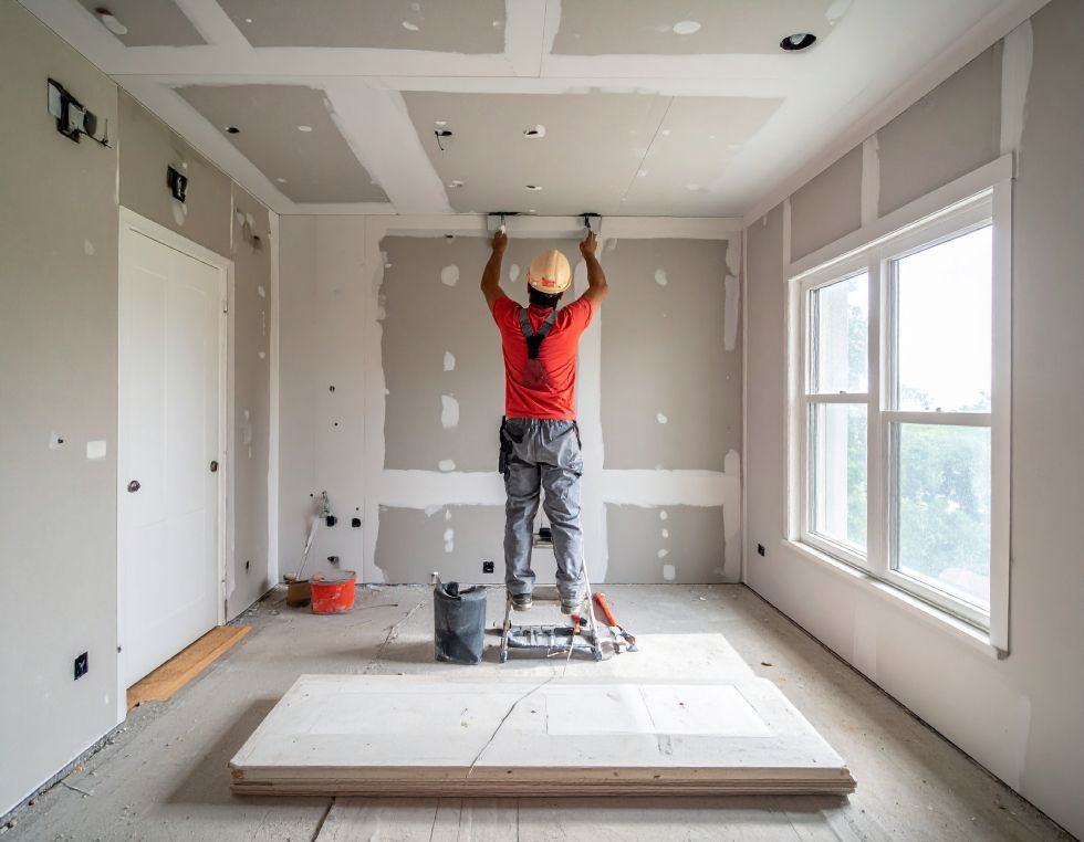 Person in hard hat installing drywall in a room under construction, standing on a ladder.