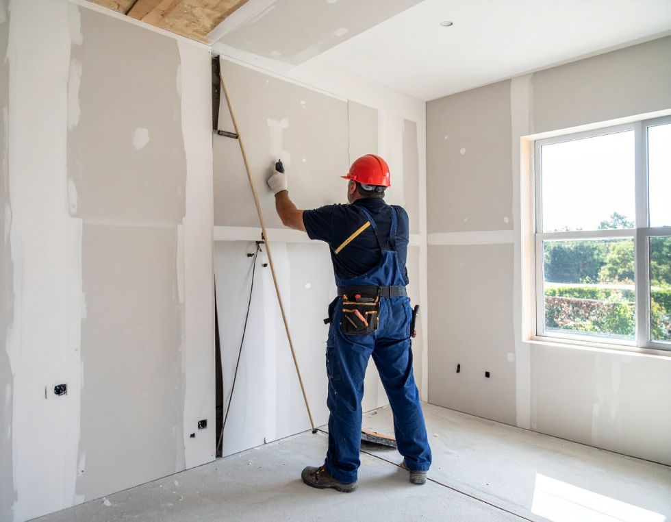 Construction worker in orange hard hat applying drywall mud to wall in a room under construction.