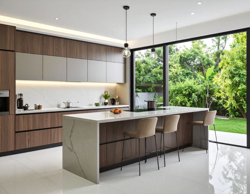 Modern kitchen with island and large window overlooking a lush green yard. Brown and gray cabinetry, white countertops.