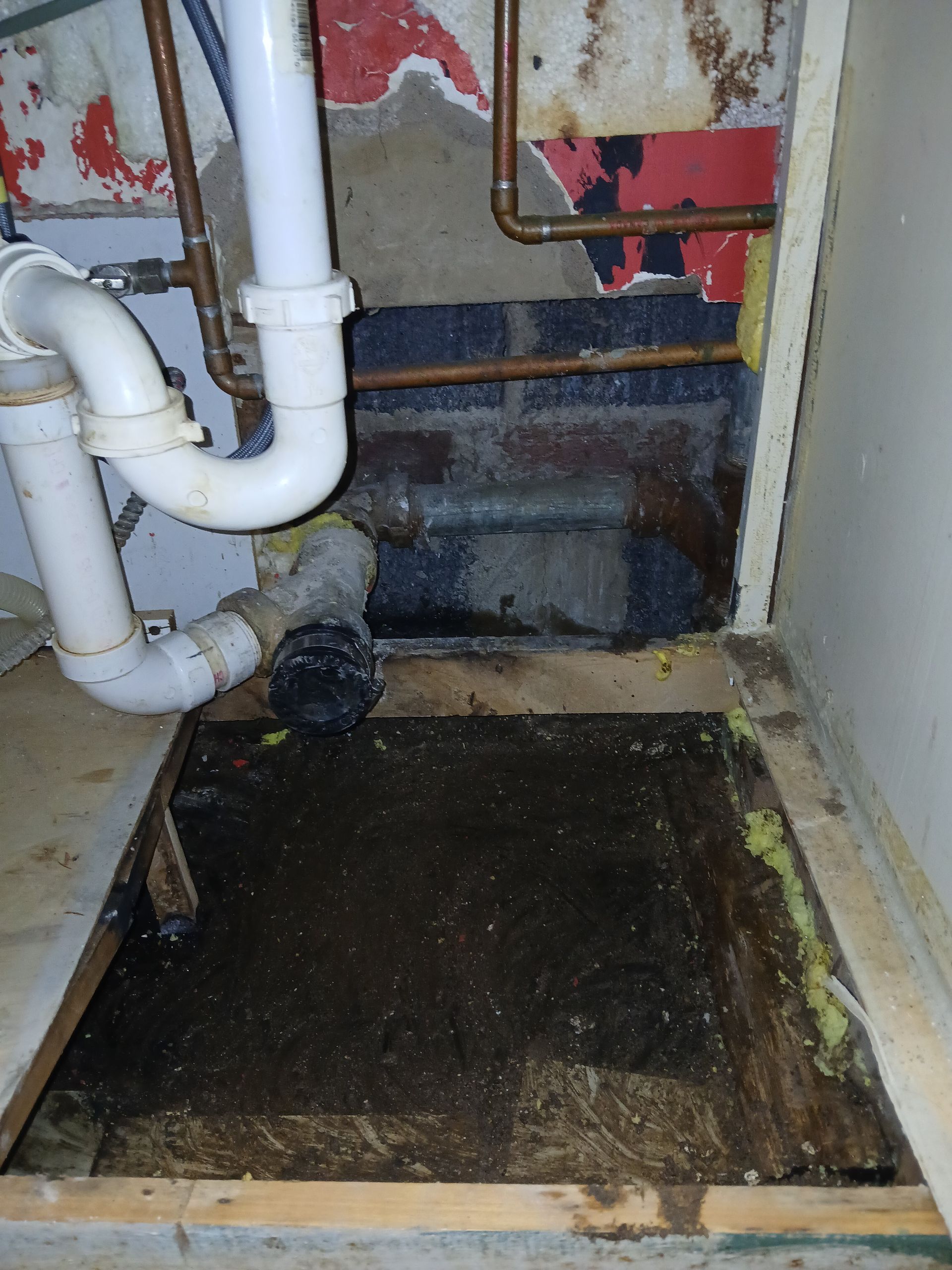 Damaged floor opening beside white plumbing pipes in a wet, moldy basement corner