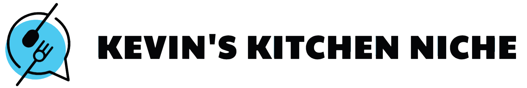 Logo for Kevin's Kitchen Niche featuring a blue speech bubble icon with a fork and spoon, next to black text.