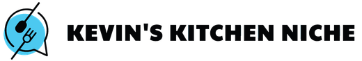 Logo for Kevin's Kitchen Niche featuring a blue speech bubble icon with a fork and spoon, next to black text.
