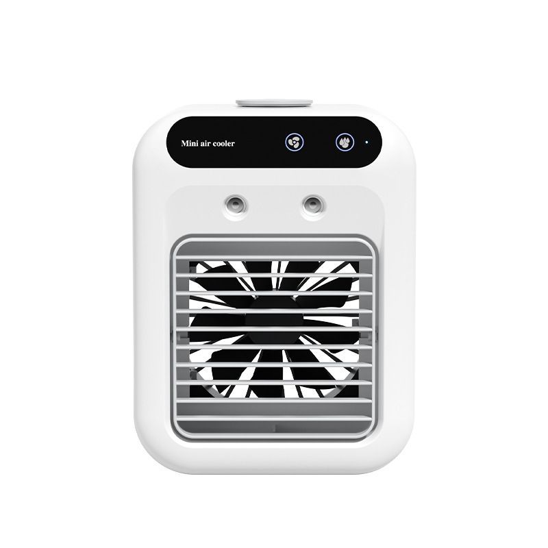 A white portable mini air cooler with a front-facing fan and a black control panel on top.