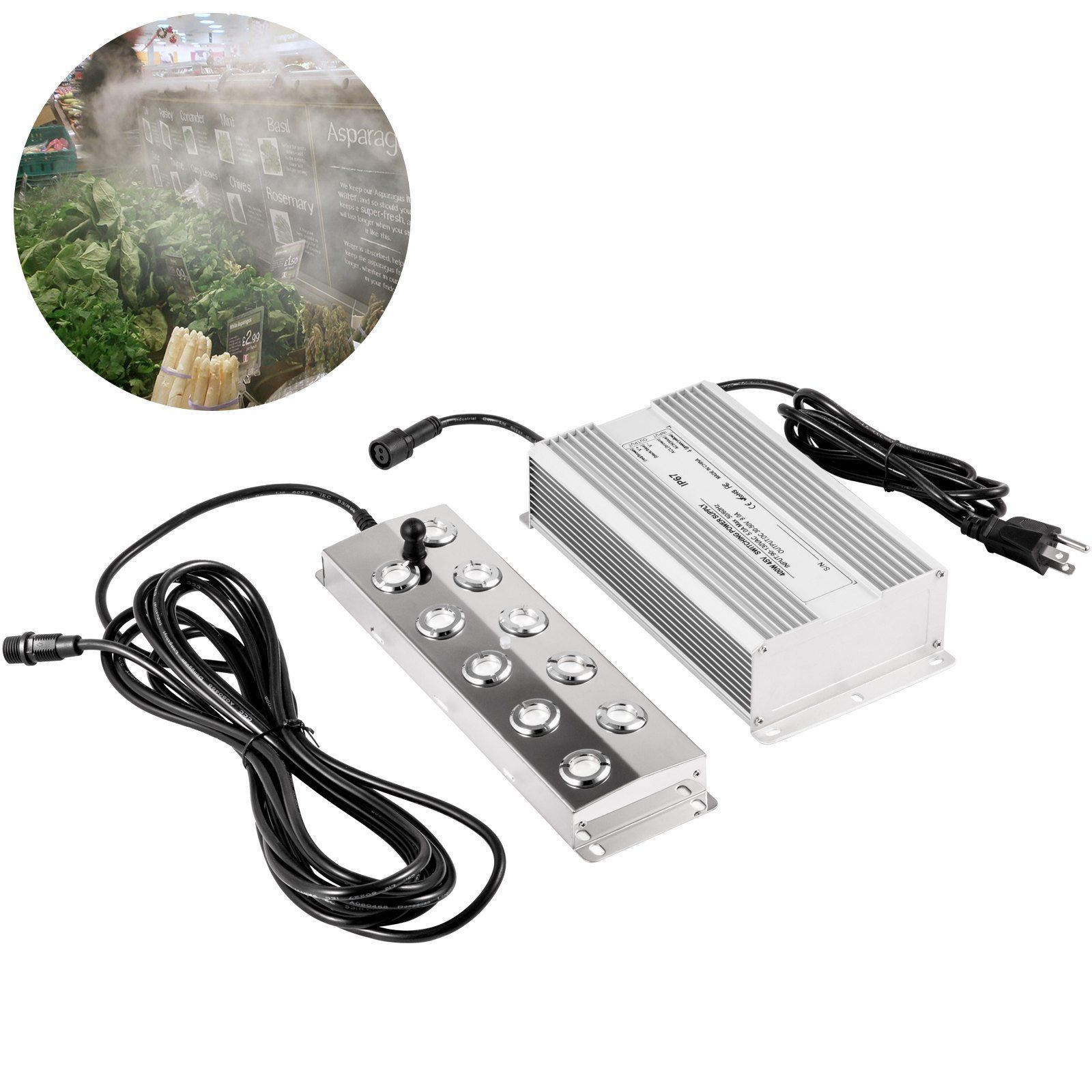A 10-head ultrasonic mist maker with a power supply unit and a circular inset showing the device producing mist in a garden.
