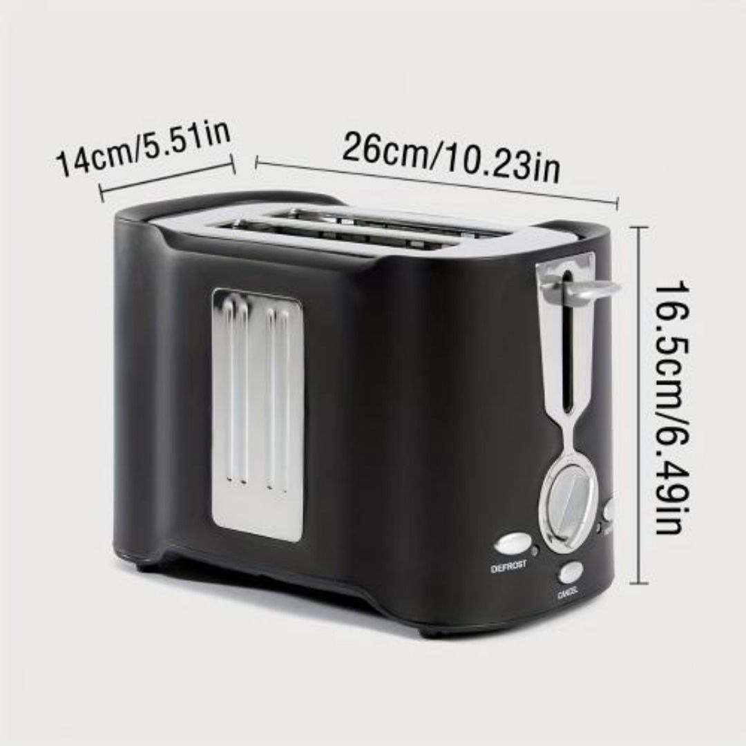 A black, two-slice toaster with silver accents and a side-mounted lever, positioned against a plain, light background.