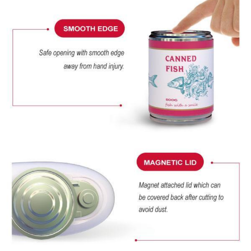 A white and red automatic can opener with features listed as ergonomic, one-touch, and safe to use.