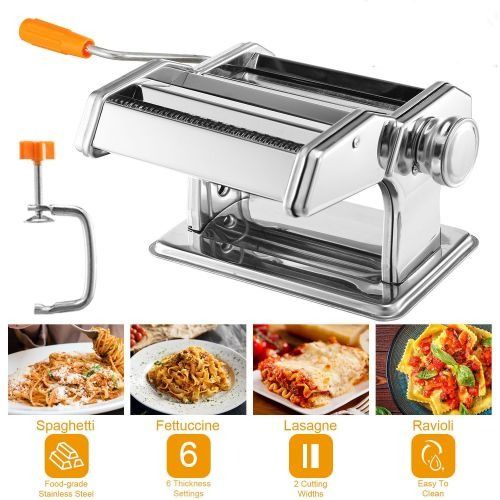 A stainless steel pasta machine with an orange-handled crank and table clamp, shown alongside samples of finished pasta.