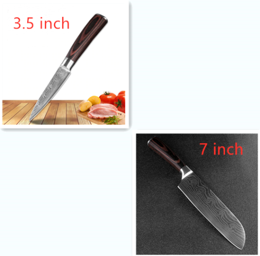 Two knives with patterned metal blades and dark wooden handles: a 3.5-inch paring knife and a 7-inch Santoku-style knife.