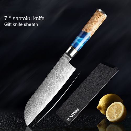 A 7-inch Santoku knife with a patterned blade and blue-and-wood handle, shown with a black sheath and lemons.