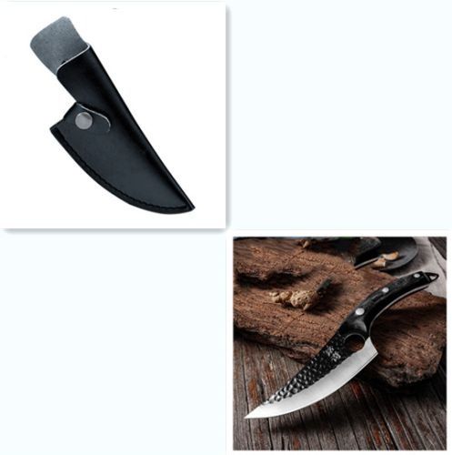 A forged kitchen knife with a hammered blade and black handle, shown next to its black leather sheath on a wooden surface.