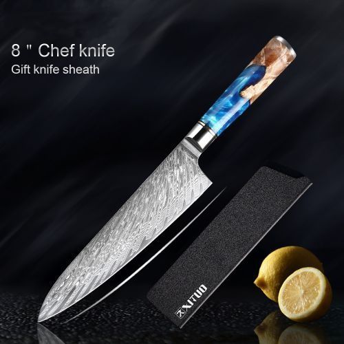 An 8-inch chef knife with a patterned blade and blue resin handle, shown with a black sheath and lemons on a dark surface.