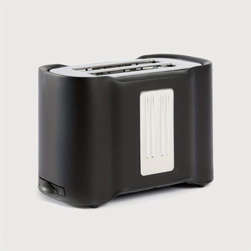 A black, two-slot toaster with a white vertical accent panel and a side lever against a plain white background.