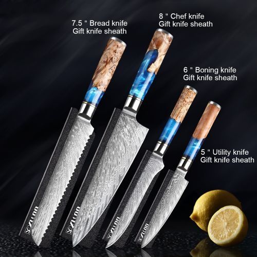 Four kitchen knives with patterned blades and blue-wood handles, including bread, chef, boning, and utility knives.