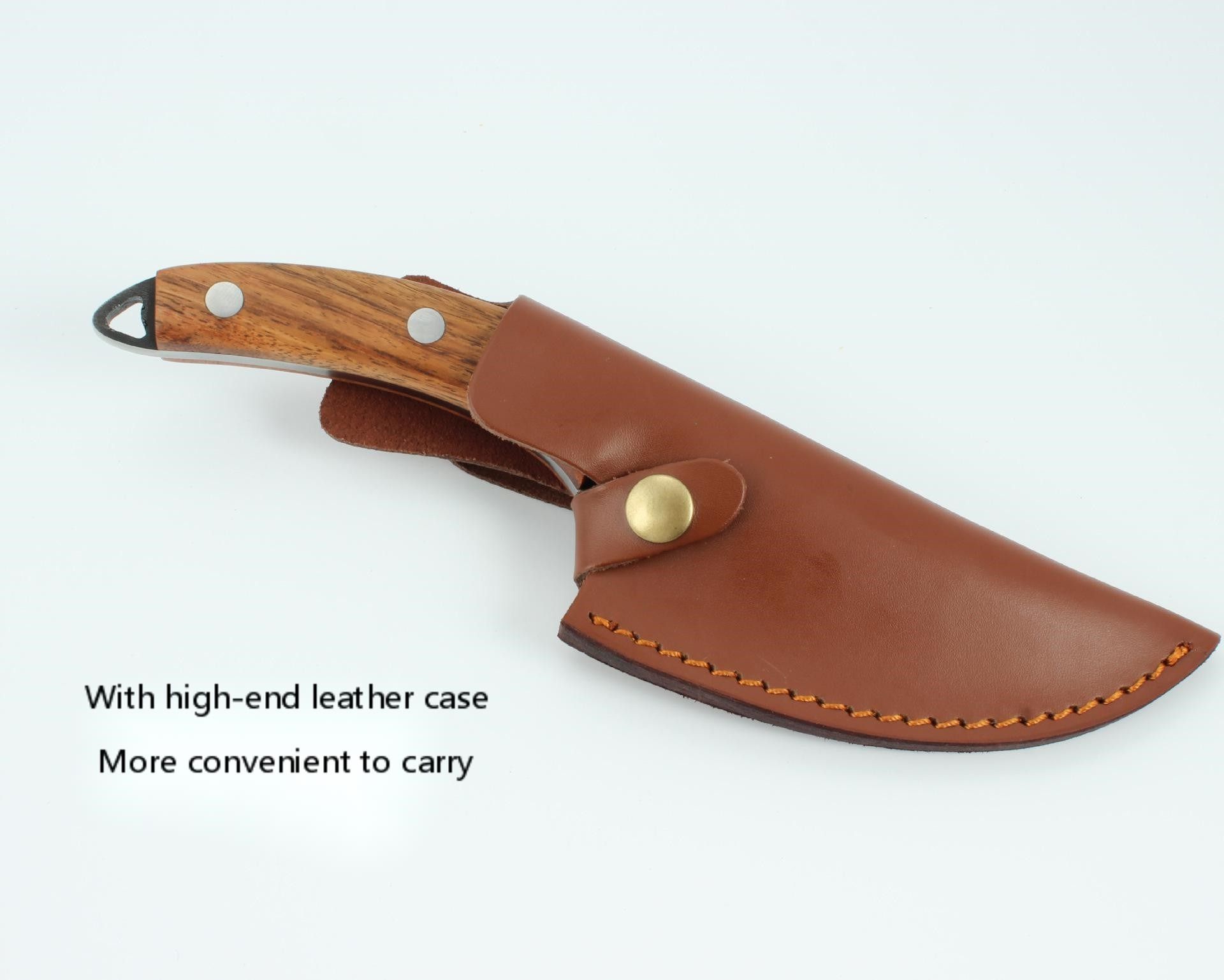 A wood-handled knife partially inserted into a tan leather sheath with a button fastener, on a plain white background.