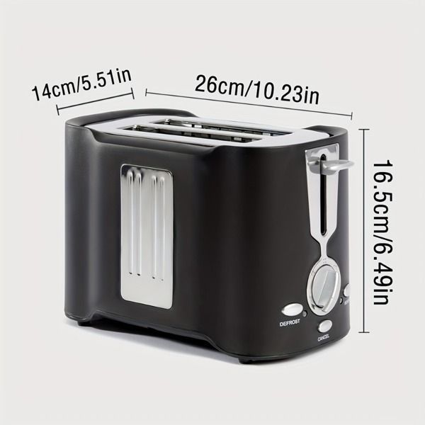 A black, two-slot toaster with a white vertical accent panel and a side lever against a plain white background.
