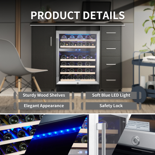 A black under-counter wine cooler with a glass door, silver frame, interior blue lighting, and wooden shelves holding wine.