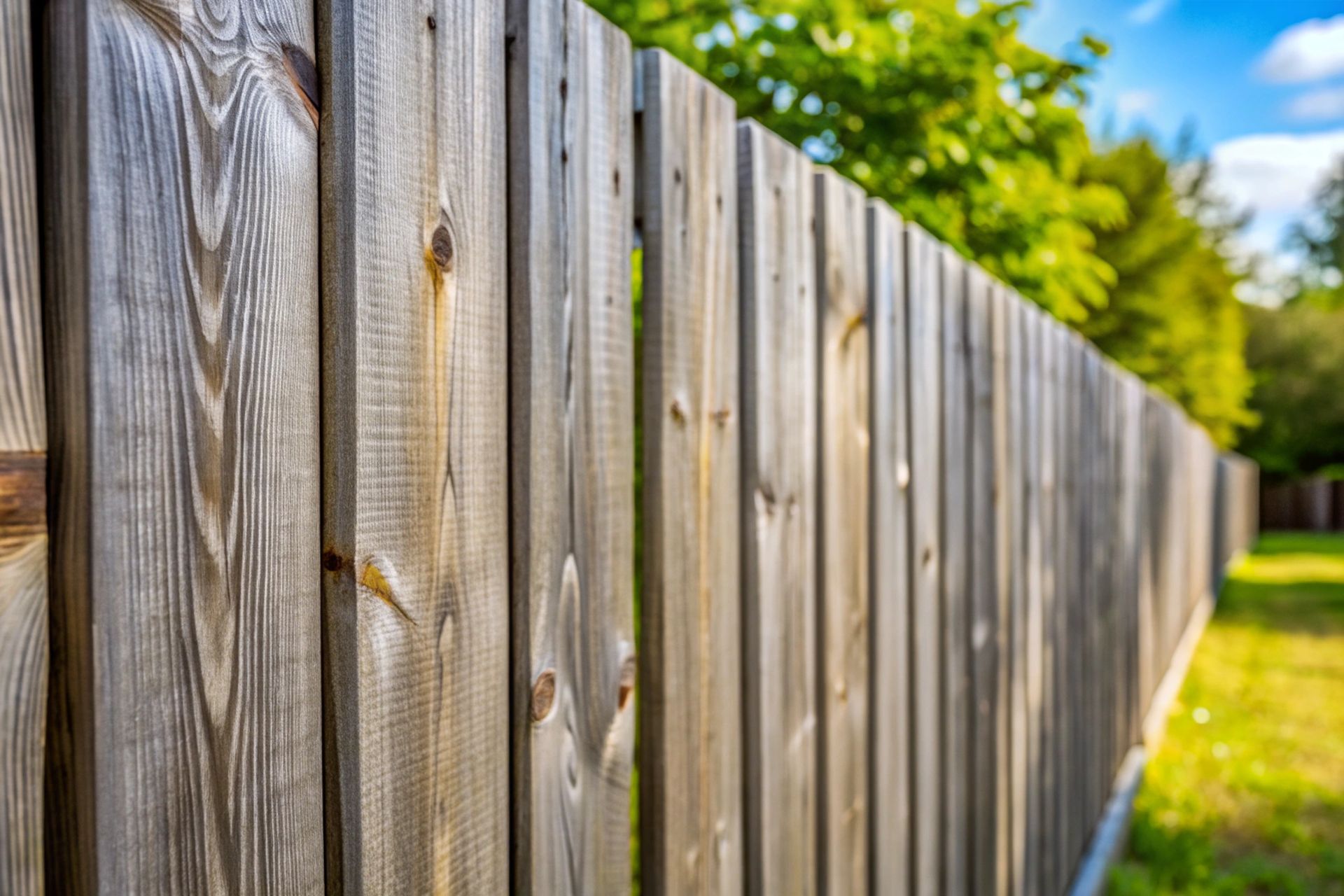 Wooden fence in a yard, leading toward green trees and a blue sky.