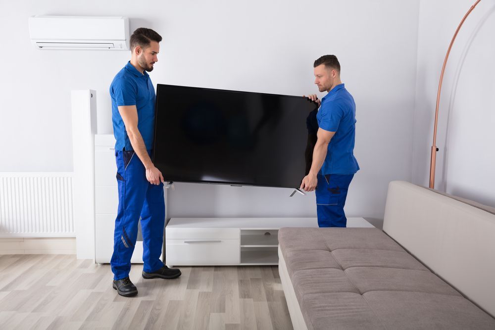 Two Men Are Carrying A Flat Screen Tv In A Living Room — Ahern's Removals In Port Macquarie, NSW