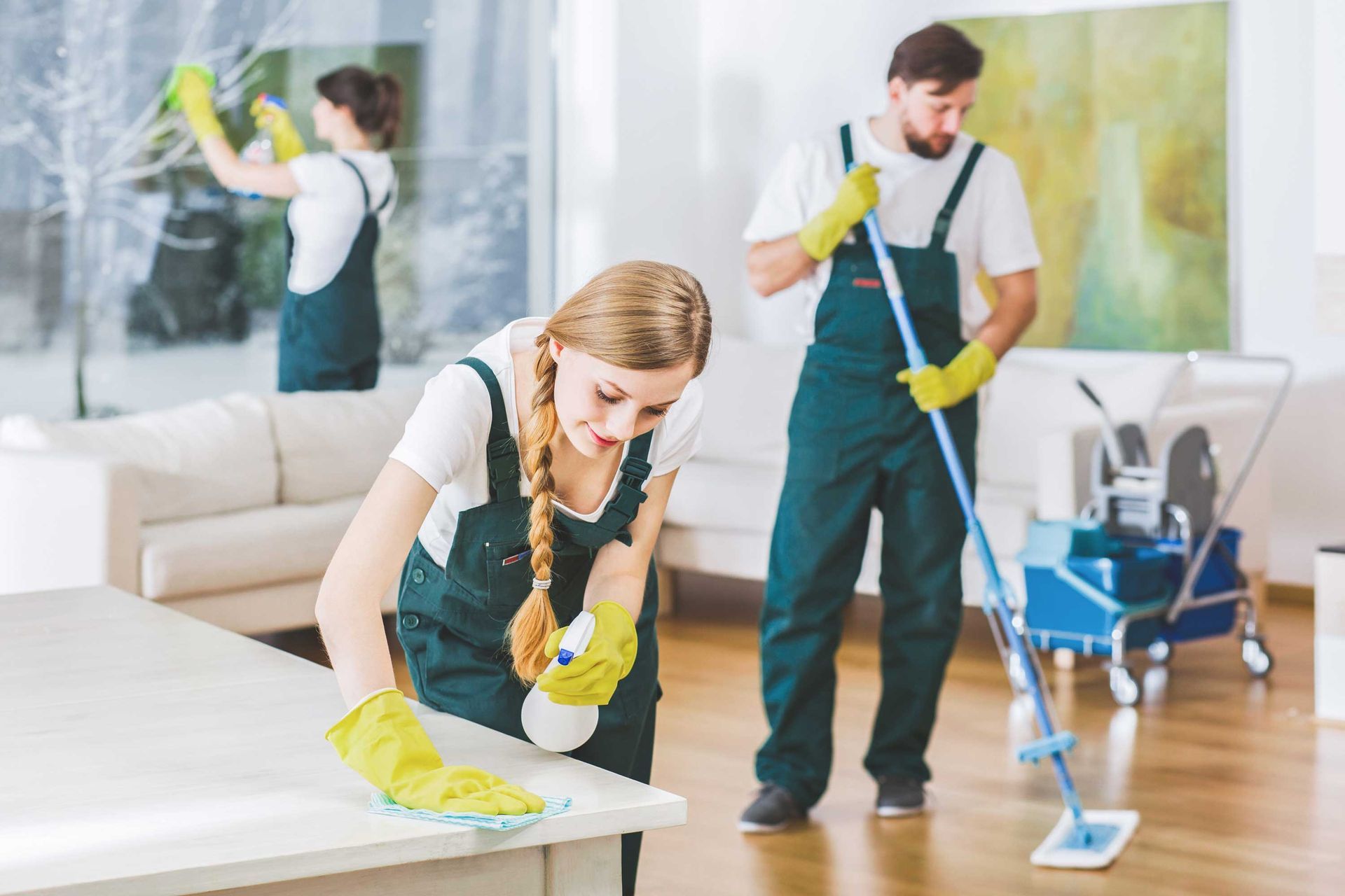 Cleaning service employees with professional equipment are cleaning the living room.