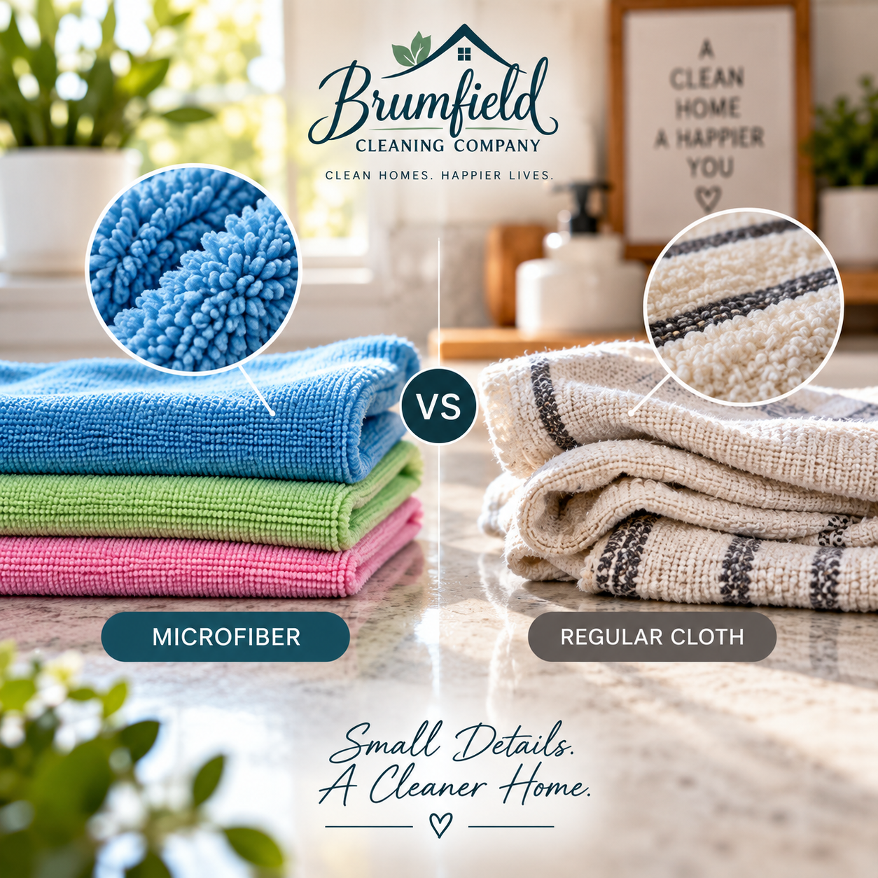 Microfiber vs regular cloth comparison with stacked colorful towels in a bright kitchen setting