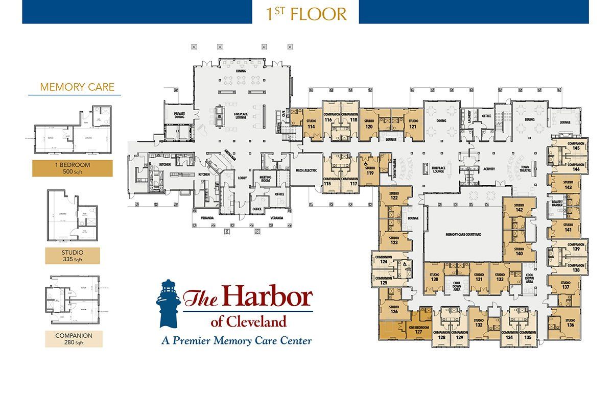 Floor plan of The Harbor of Howell, a Premier Memory Care Center, showing rooms on the first floor.