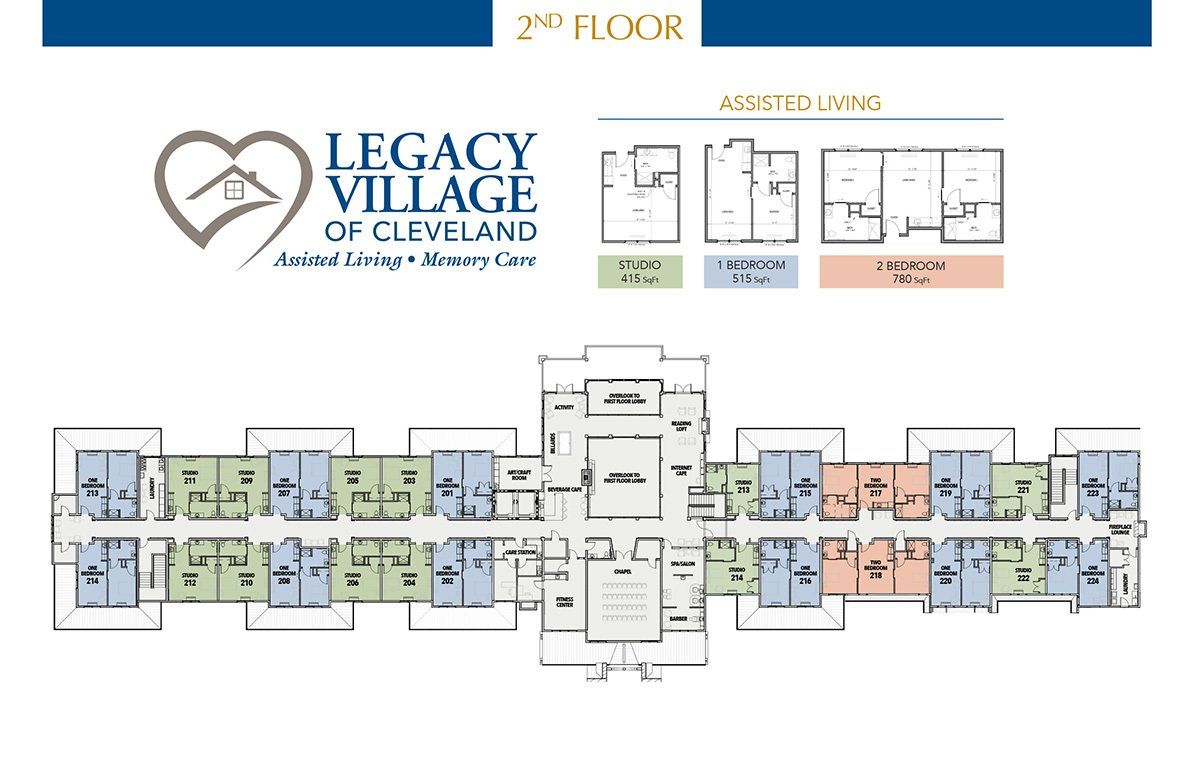 Floor plan of Legacy Village of Cleveland, 2nd floor. Includes unit layouts in green, blue, and orange.