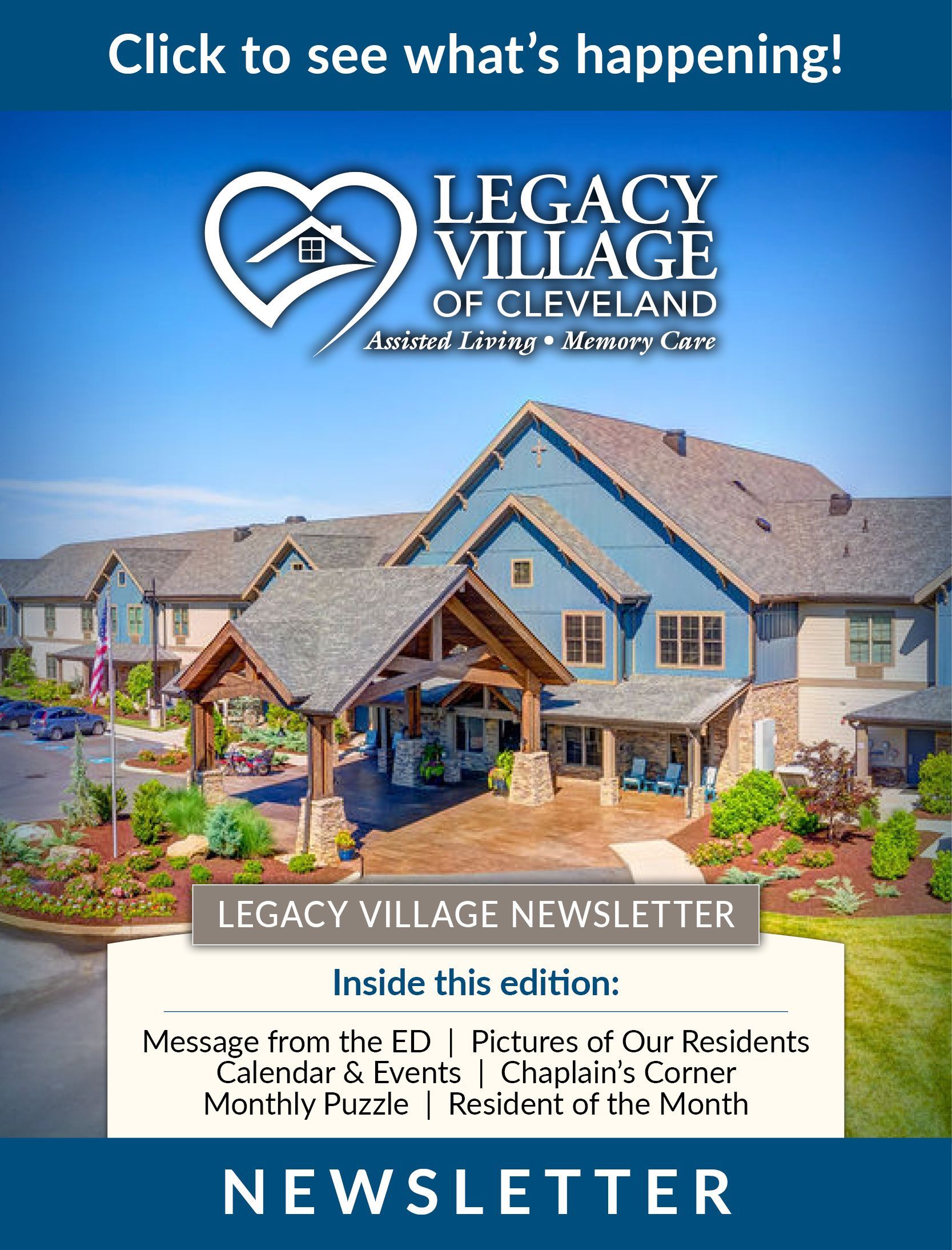 Newsletter for Legacy Village of Cleveland featuring building exterior and content highlights.
