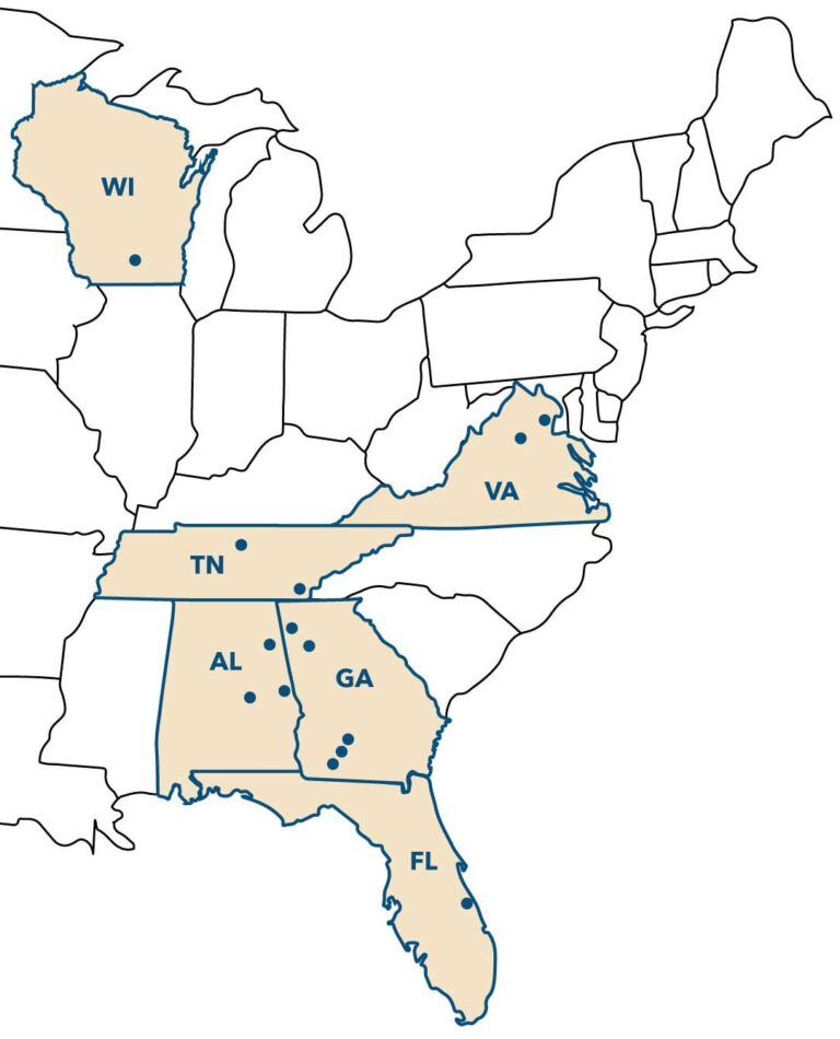 Map of US states with dots indicating locations. States highlighted include: WI, KY, TN, VA, AL, GA, SC, FL.