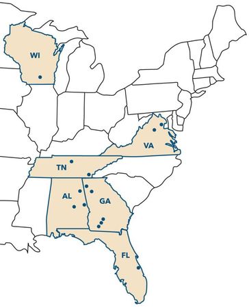 Map of US states with dots indicating locations. States highlighted include: WI, KY, TN, VA, AL, GA, SC, FL.