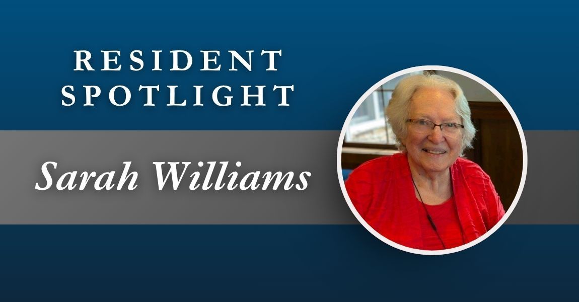 Resident spotlight banner with Sarah Williams and her circular portrait on a blue background