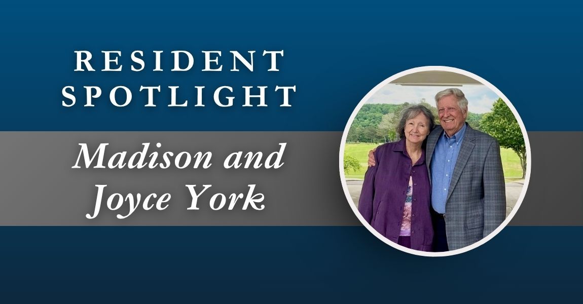 Resident Spotlight: Madison and Joyce York, with a smiling couple photo on a blue background