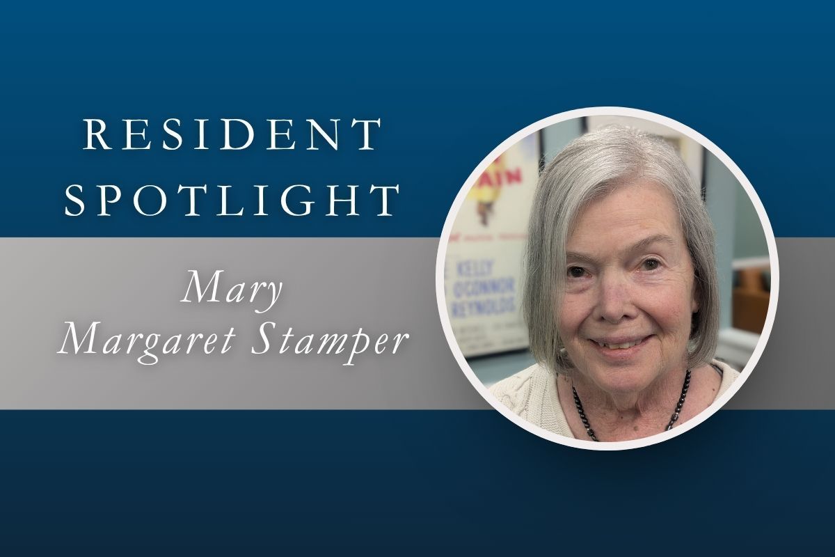 Resident Spotlight graphic with a smiling woman in a circular portrait on a blue background